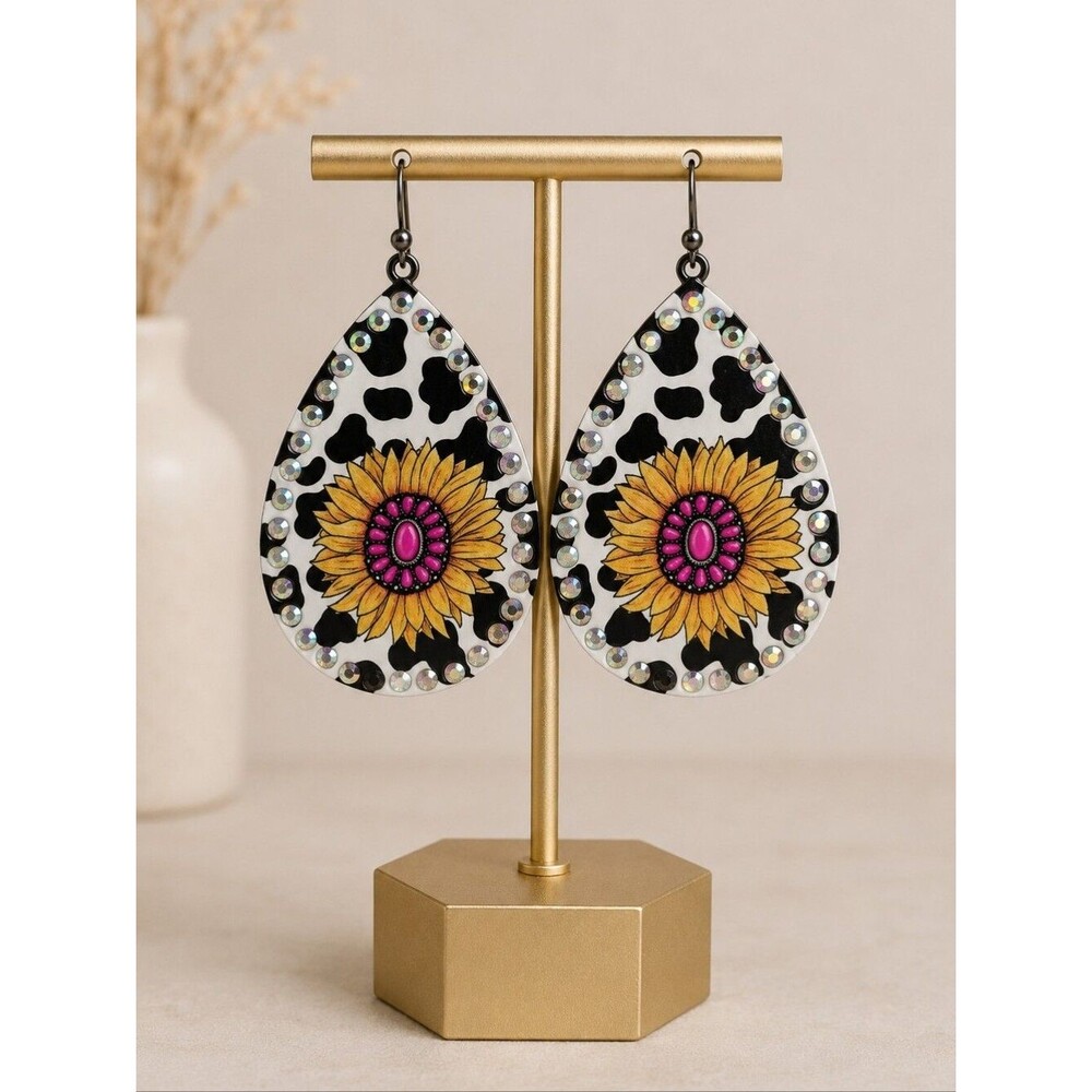 Sunflower Leopard Teardrop Earrings in Yellow & Pink - NWT